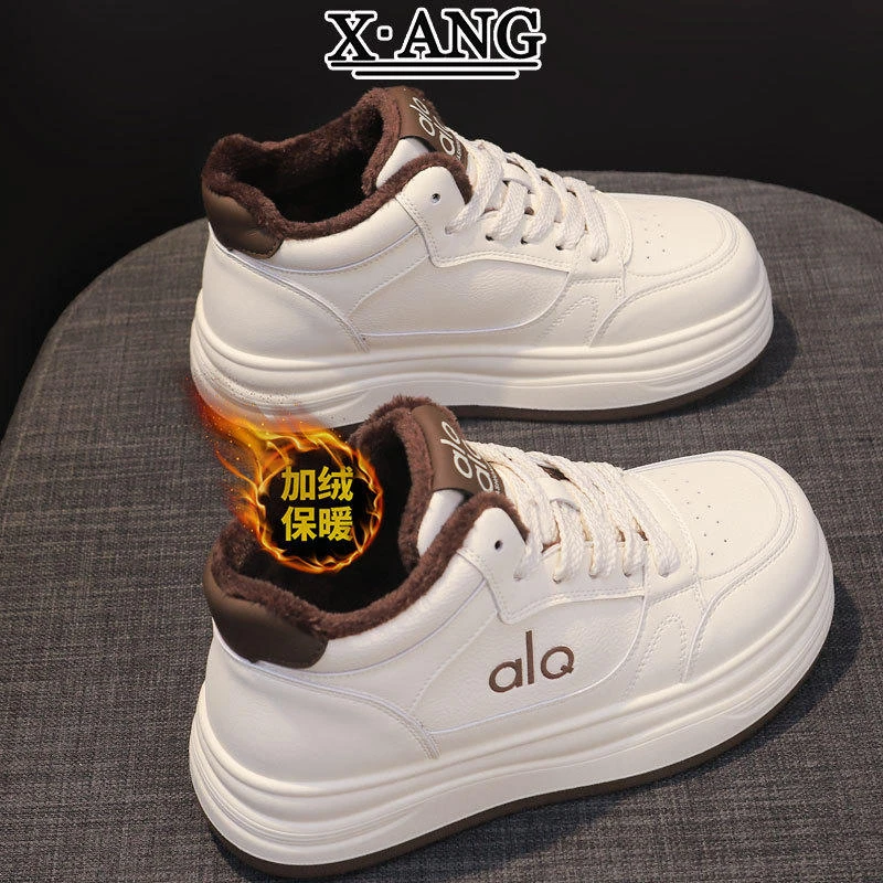 真皮高帮鞋子女鞋秋冬季加绒加厚保暖大棉鞋厚底休闲运动鞋小白鞋