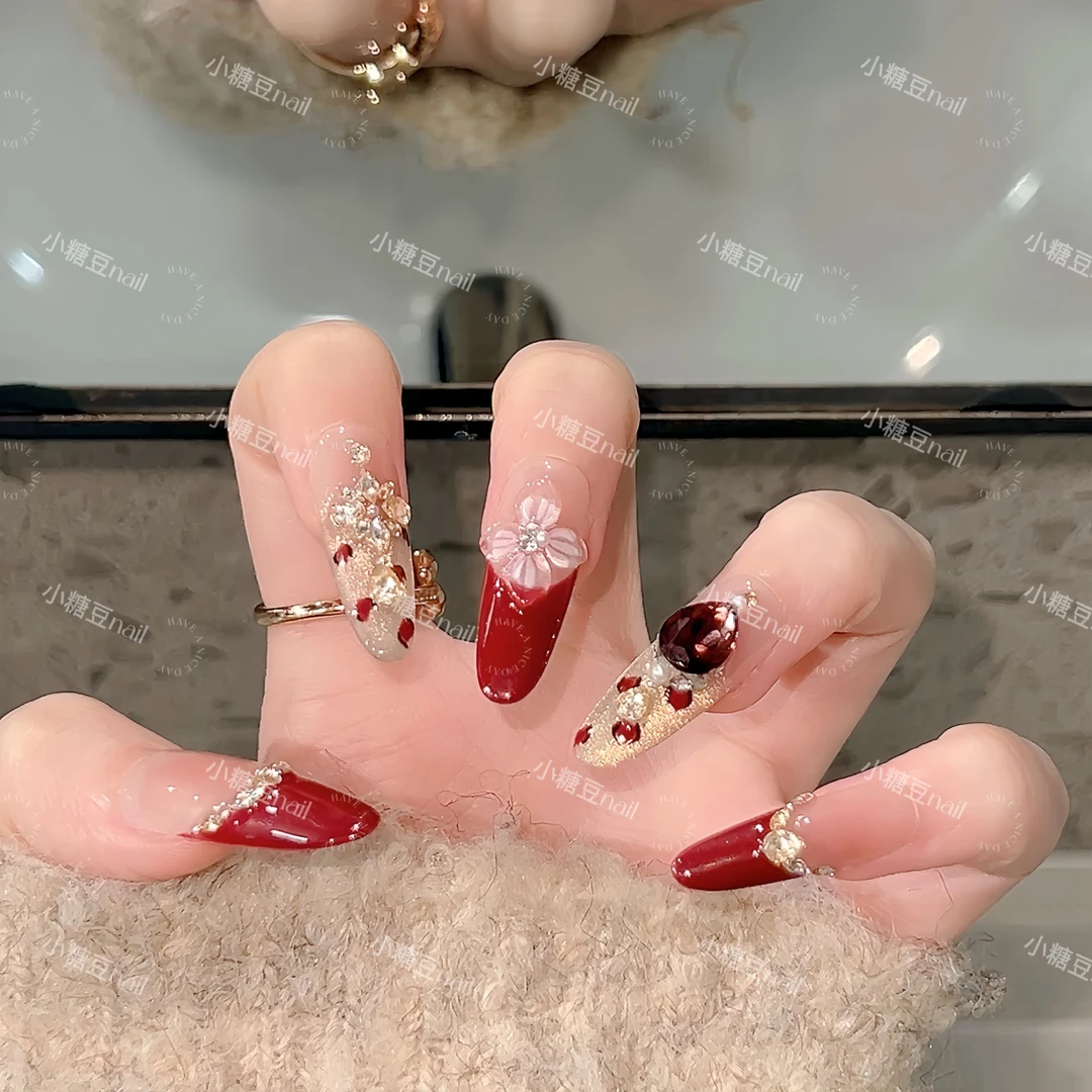 【红酒杯】法式满钻豹纹立体花朵高级显白可拆卸穿戴甲片10片装