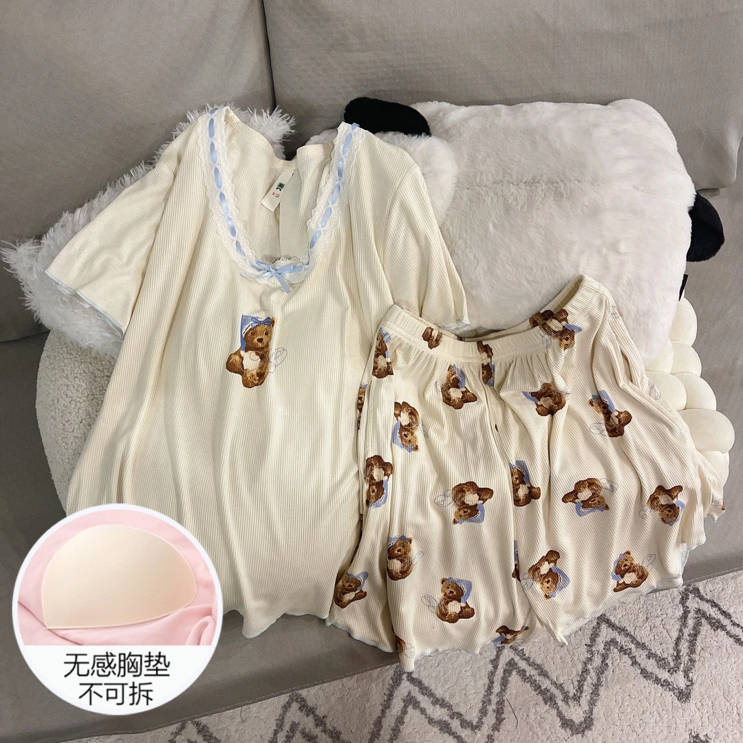 睡衣女士夏季网红风高级感带胸垫凉感2025新款小熊短袖家居服套装