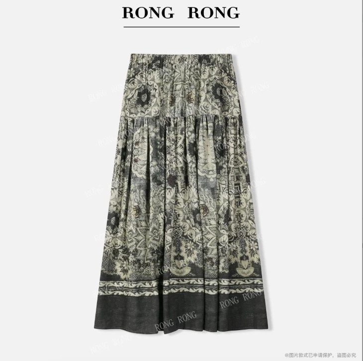 溶溶J【青山枝影】RONGRONG 手工碎褶新中式印花慵懒半身裙L25X160Q