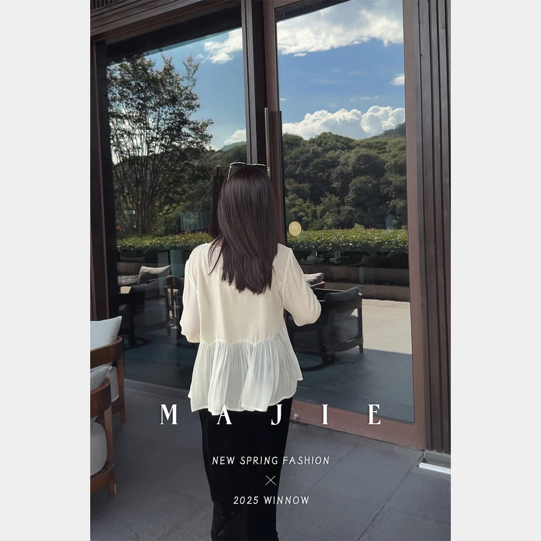 MYRA“罗曼”真丝植绒下摆肌理褶拼接长袖上衣XM025226