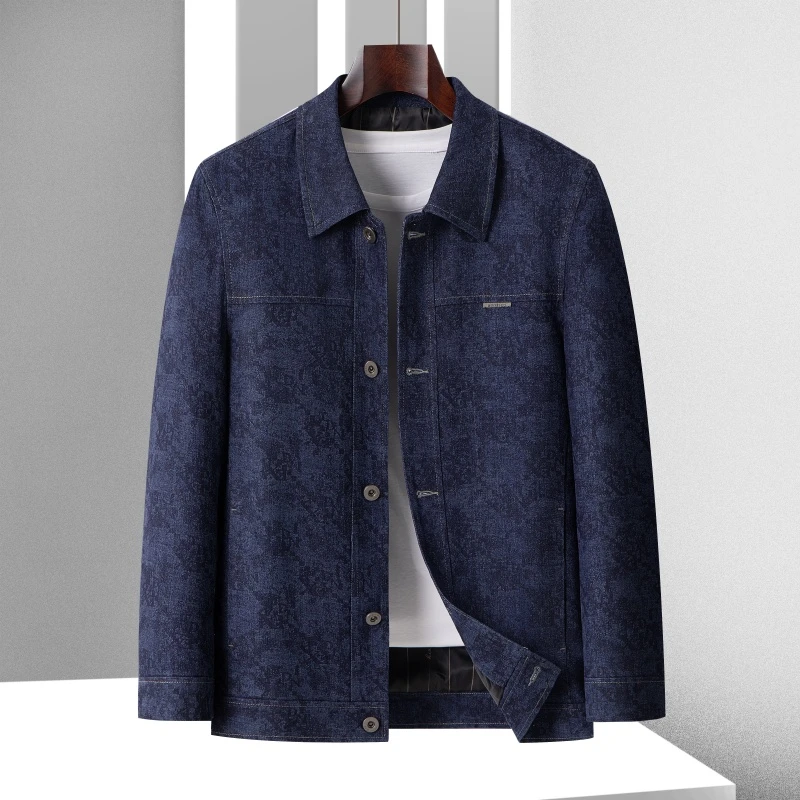 大码男士牛仔夹克春秋提花翻领工装加肥加大男胖子休闲牛仔褂外套