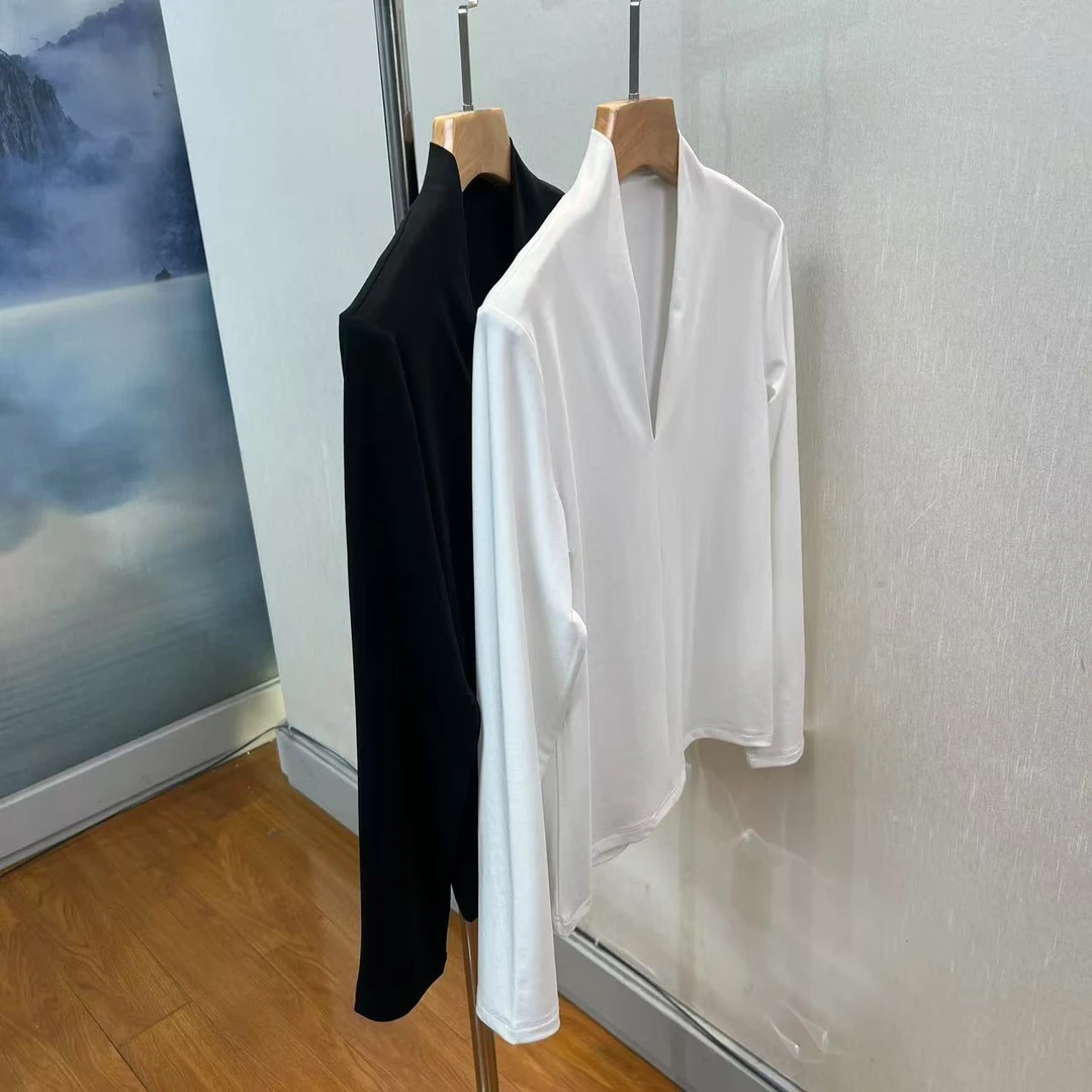 【老头女装定制】V领简约长袖T恤 X-25012