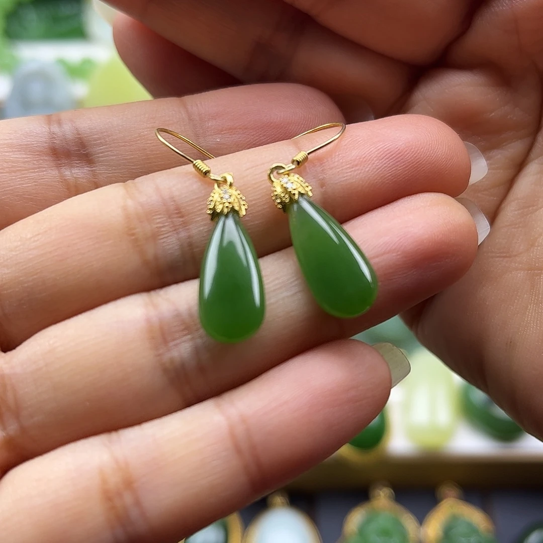 和田玉银S925镶嵌耳饰