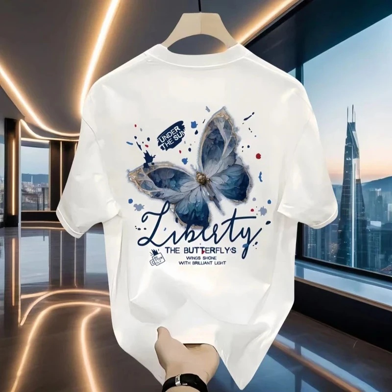 仓石一树轻奢短袖T恤男百搭蝴蝶印花流行圆领时尚宽松情侣装上衣