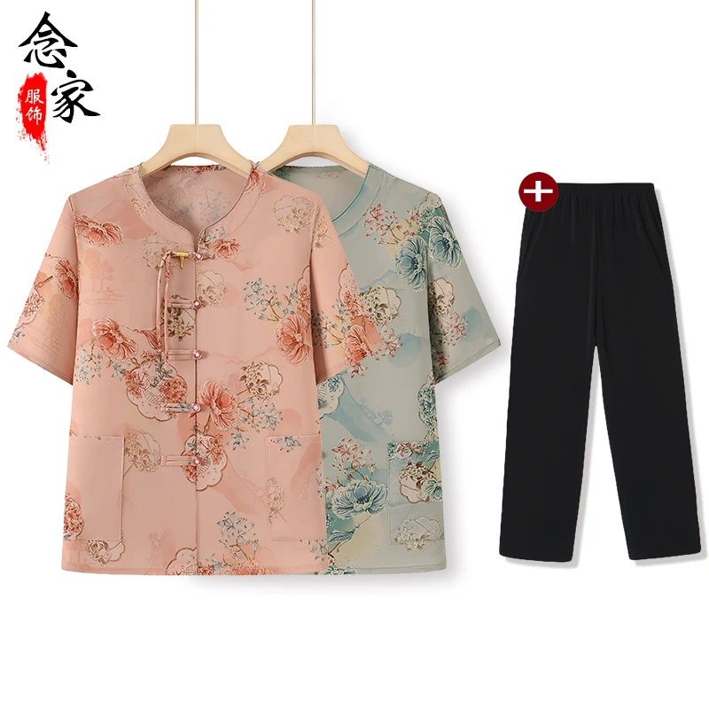中老年人妈妈夏装套装2025新款国风短袖衬衫奶奶t恤老太太上衣服