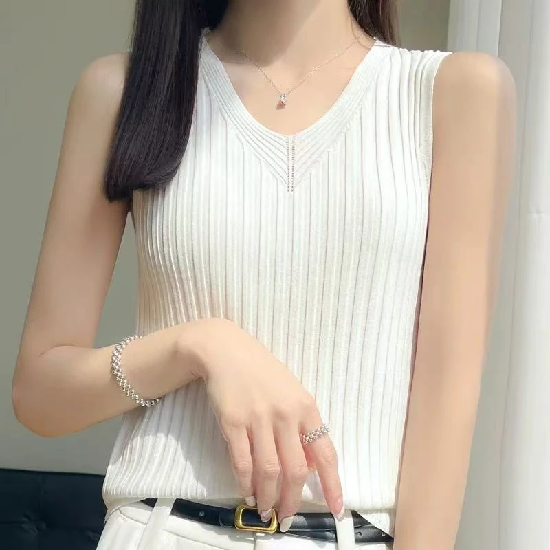 冰丝针织吊带背心女宽肩夏季外穿薄款无袖宽松西装内搭打底衫V领