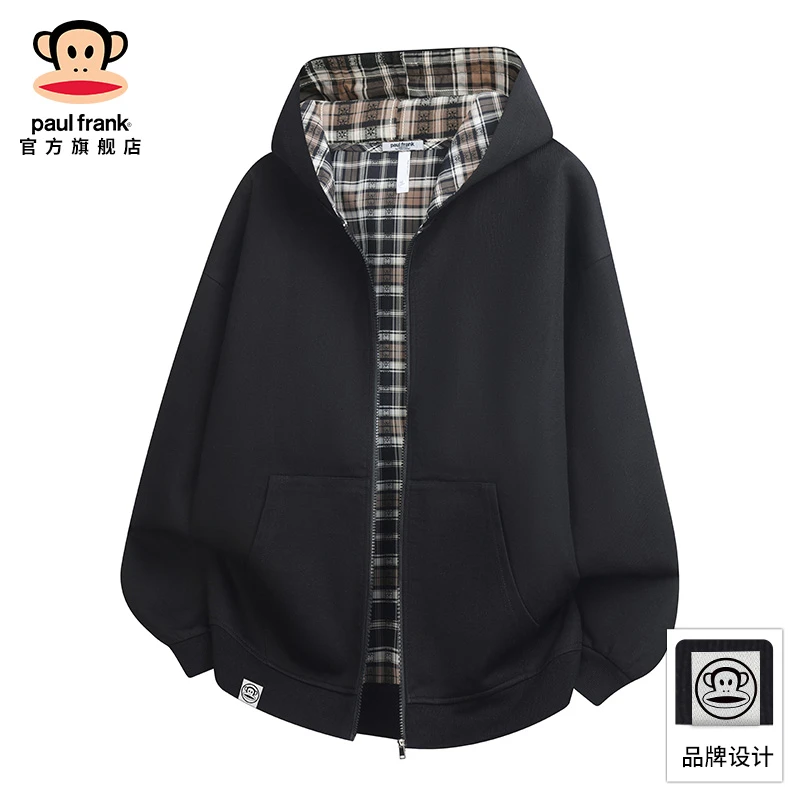 paul frank/大嘴猴连帽格子长袖卫衣外套男秋冬休闲宽松开衫上衣
