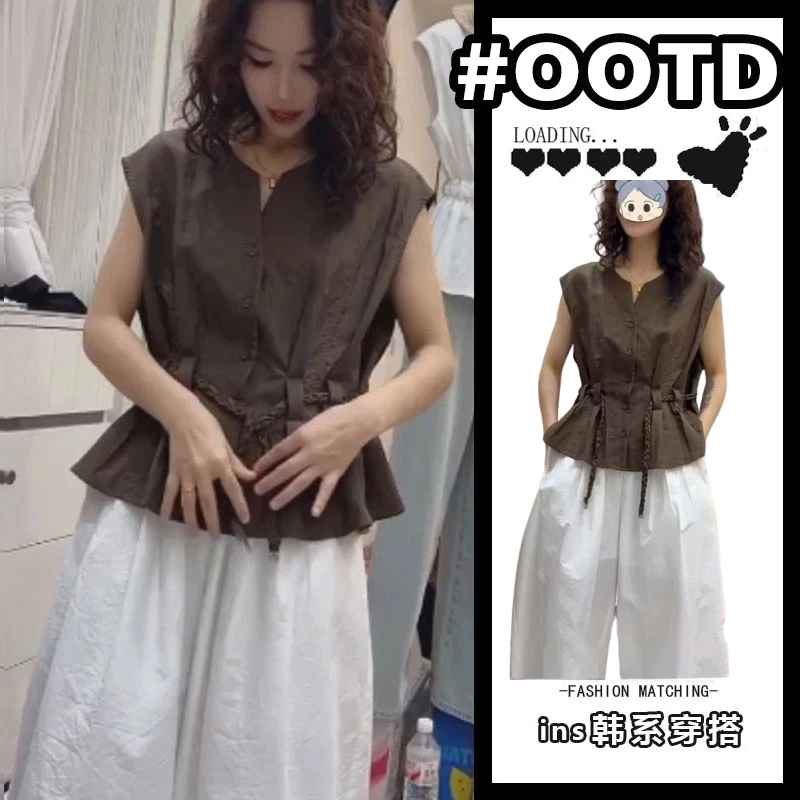 欧货高级感穿搭套装2025夏季新款气质V领收腰上衣阔腿裤两件套女