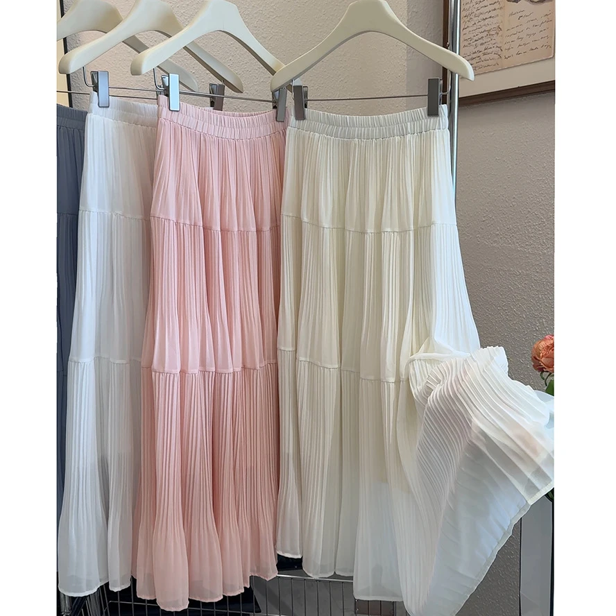 白色雪纺半身裙夏季2025新款高腰显瘦A字仙女压褶蛋糕裙垂感长裙