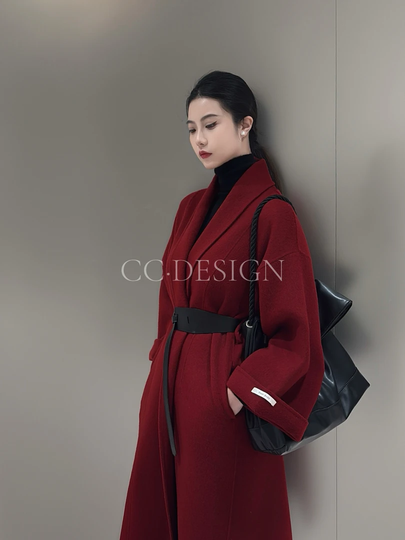 SIJI·DESIGN 冬季高级感红色浴袍慵懒款羊毛大衣外套气质毛呢大衣