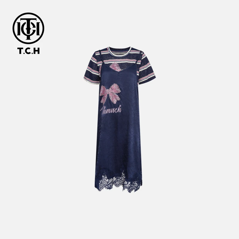 TCH烫钻工艺时尚休闲百搭蝴蝶结套装女T75A07E5036轻奢tch夏季