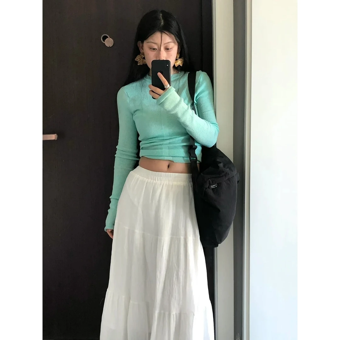 多巴胺薄荷绿长袖针织衫女春秋新款软糯毛衣修身显瘦内搭时尚上衣