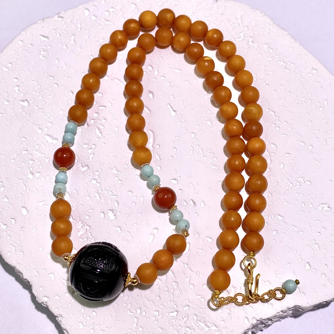 【亿轩珠宝】老蜡橘皮暗花公主链diy翳珀六字&南红绿松7-19mm+