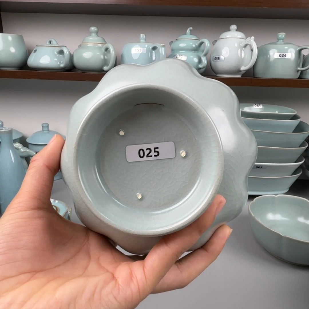 陶摆件汝瓷莲花碗支钉烧仿古釉大瑕不退不换025