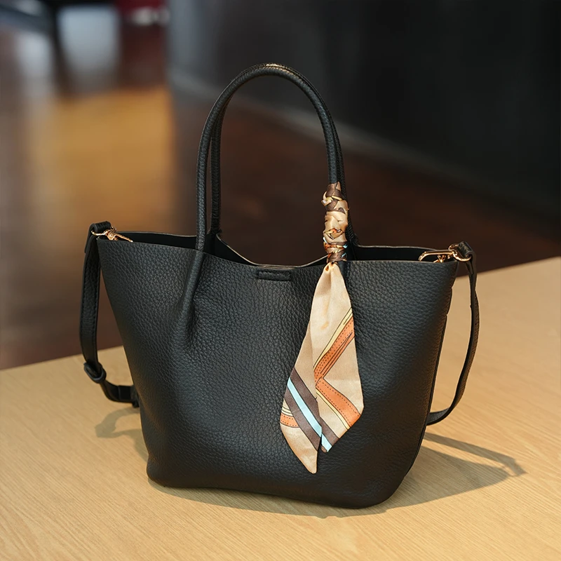 GELANDAI2025新款水桶子母包大容量气质黑色荔枝纹轻奢单肩包2011