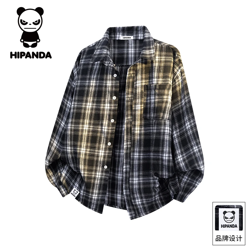 HiPanda你好熊猫秋冬男装格子衬衫长袖潮流百搭宽松休闲衬衣外套