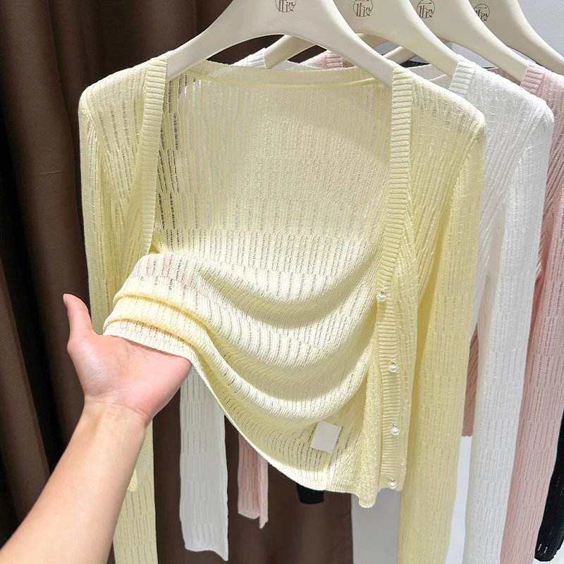 黄色薄款纽扣v领长袖防晒短外套2025夏季新款设计感镂空披肩罩衫