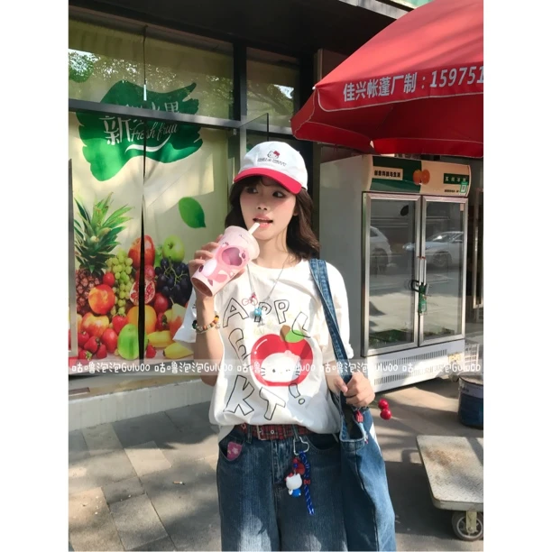 【咕噜泡泡】原创自制可爱字母大苹果kt印花短袖T恤宽松百搭上衣夏