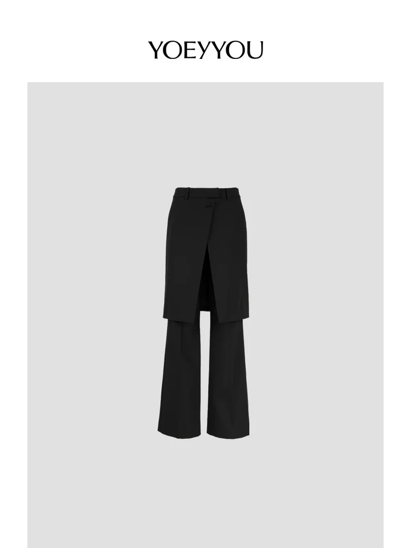 YOEYYOU搭片2025法式春新品设计感叠穿裤裙直身高腰春夏黑色直筒