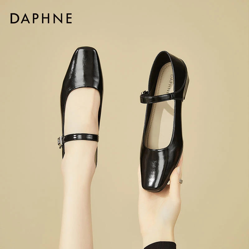 达芙妮粗跟浅口高跟鞋鞋女秋季新款法式方头纯色单鞋舒适百搭女鞋