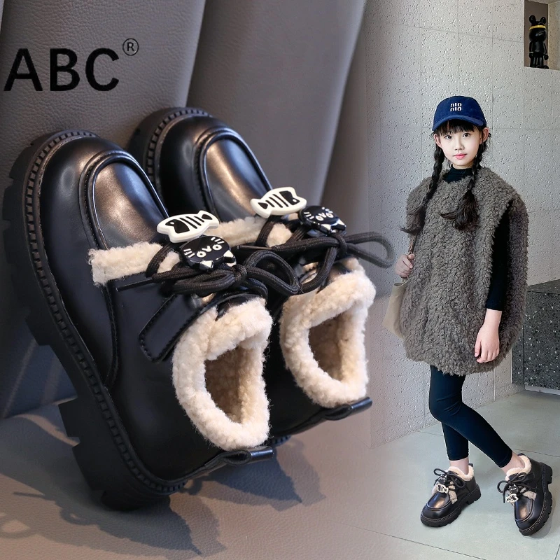 ABC女童加绒雪地鞋2025秋冬新款儿童鞋子中大童小女孩加绒小皮鞋