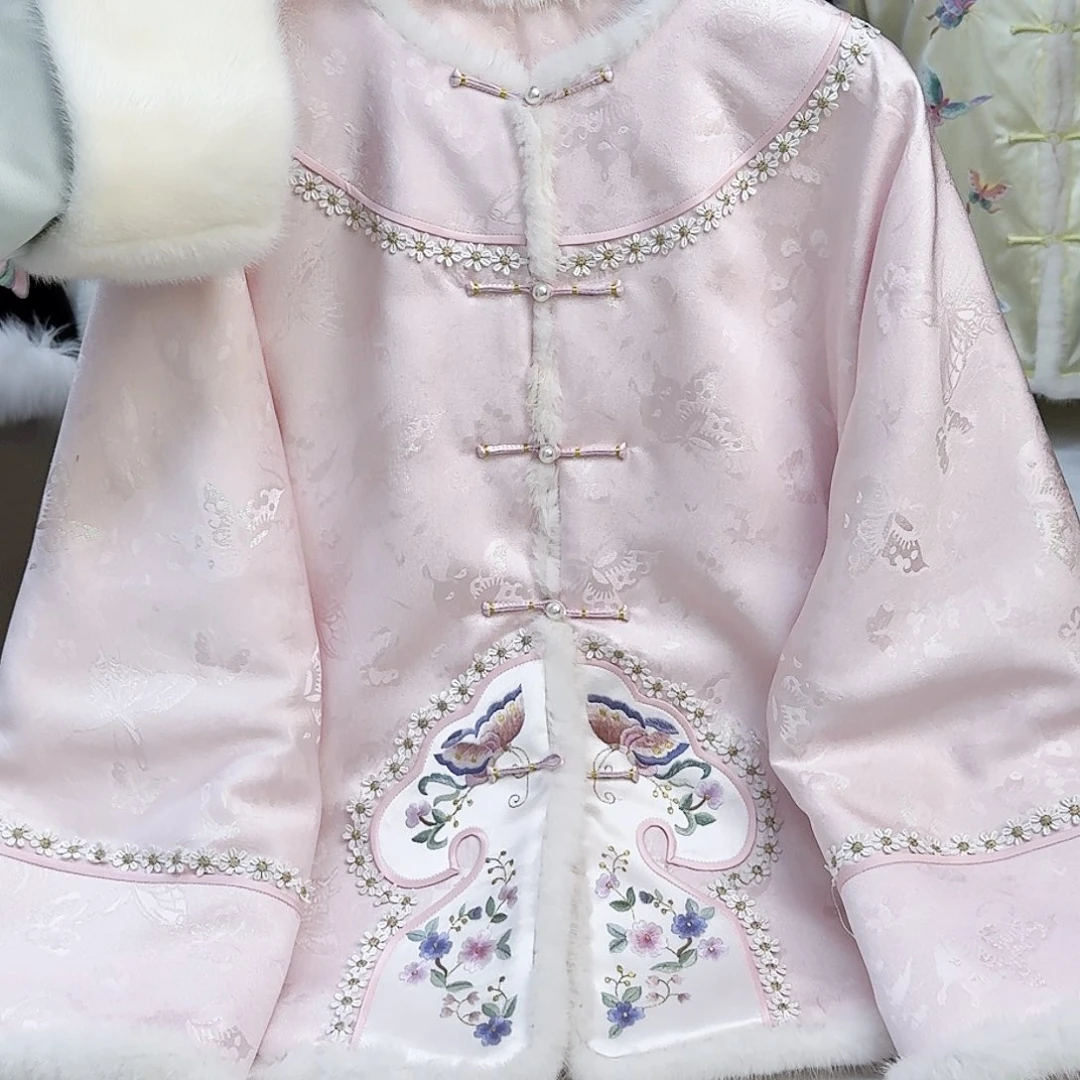 织绣真丝粉色正绢棉服