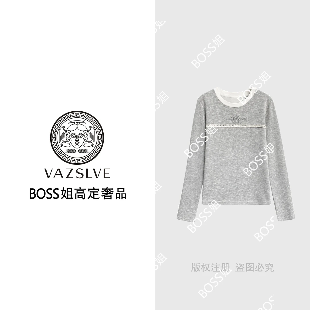 【VAZSLVE/原创设计】#68216#时尚拼接长袖烫钻T恤2025显瘦个性上衣