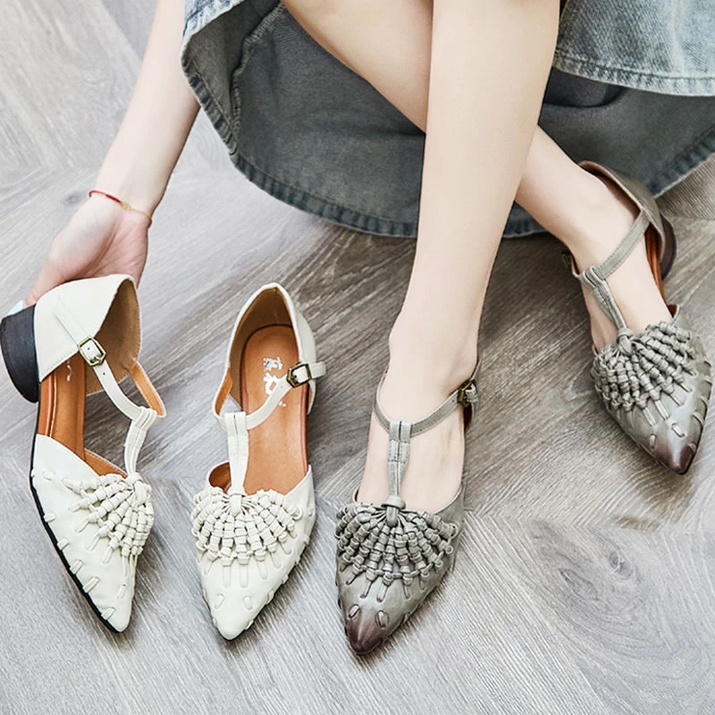 新国风复古编织尖头中跟单鞋2025新款夏季真皮手工包跟女士凉鞋子