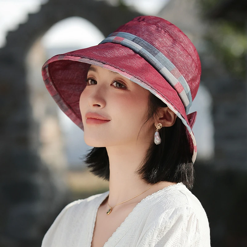 春夏季渔夫帽妈妈款户外出游时尚气质格子盆帽遮阳防晒帽子蝴蝶结