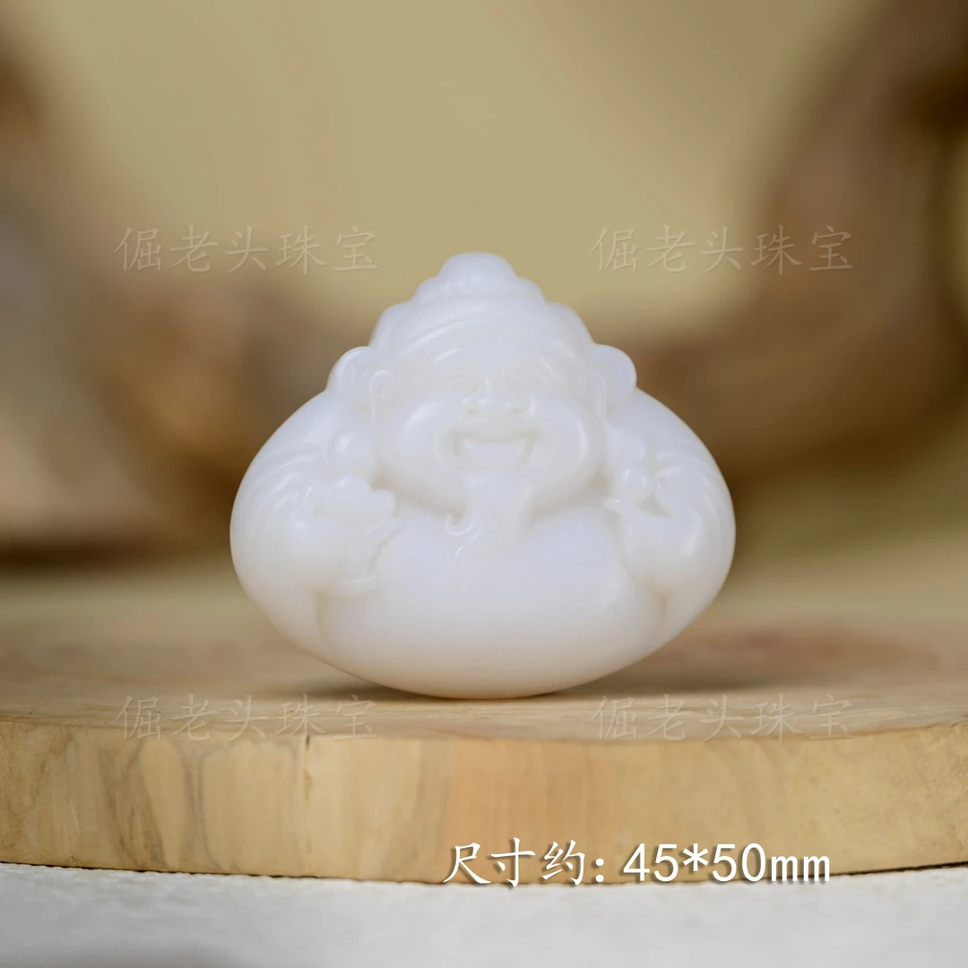 【倔老头工厂】和田玉羊脂玉财神吊坠 极致高白 精美雕工（配珠链）