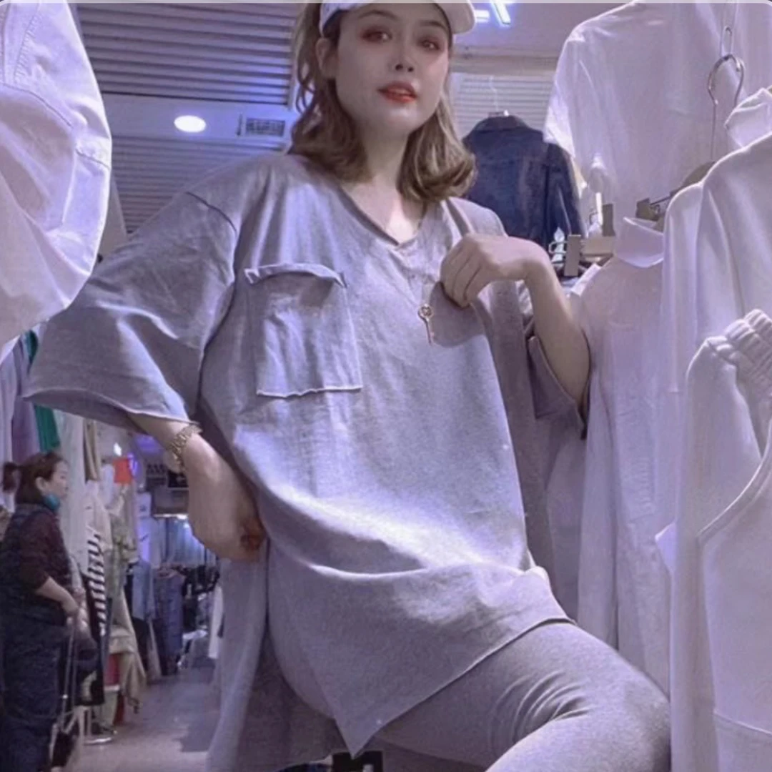 纯色宽松型五分袖短袖常规V领T恤休闲