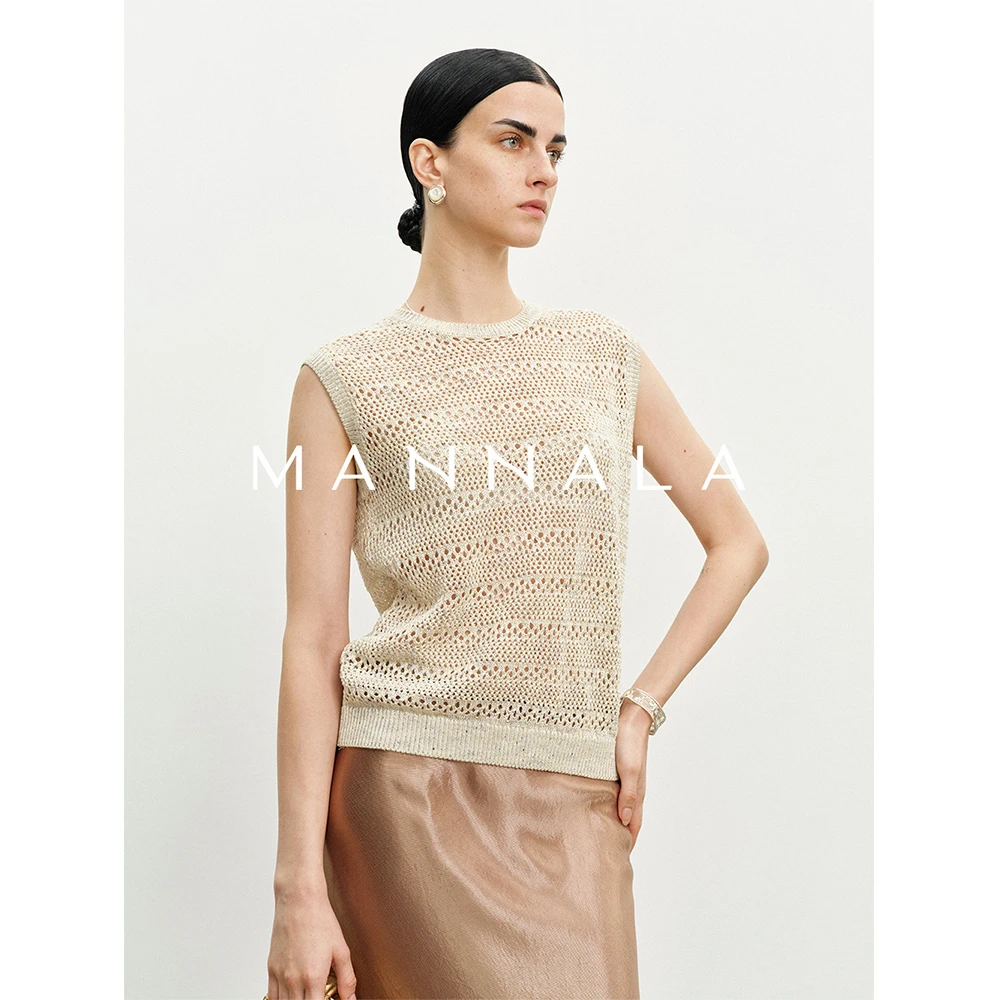 MANNALA丨“珍妮香”康宝莱高定亚麻桑蚕丝珠片无袖针织上衣Q4558