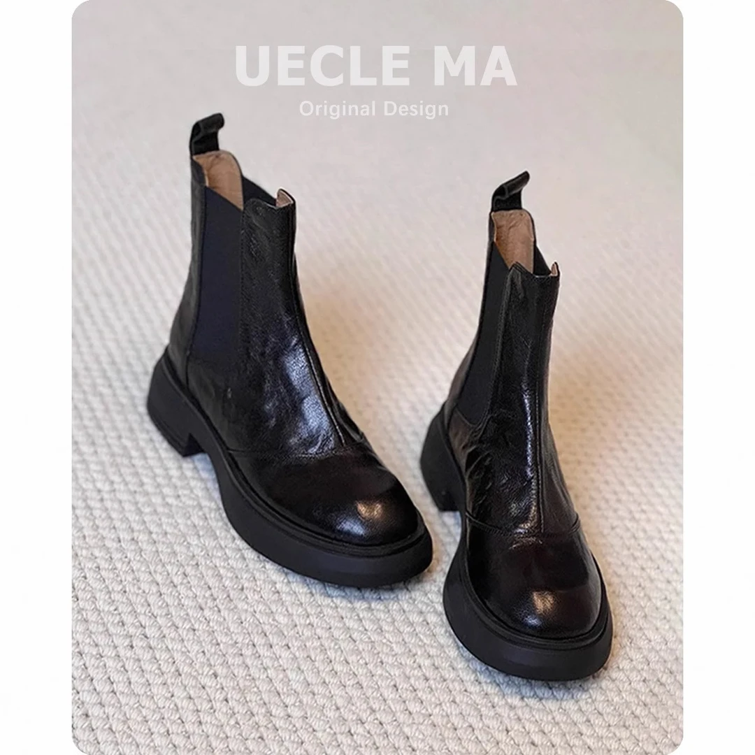 全羊皮~切尔西靴女2025秋冬新款百搭圆头皮靴英伦马丁靴厚底短靴