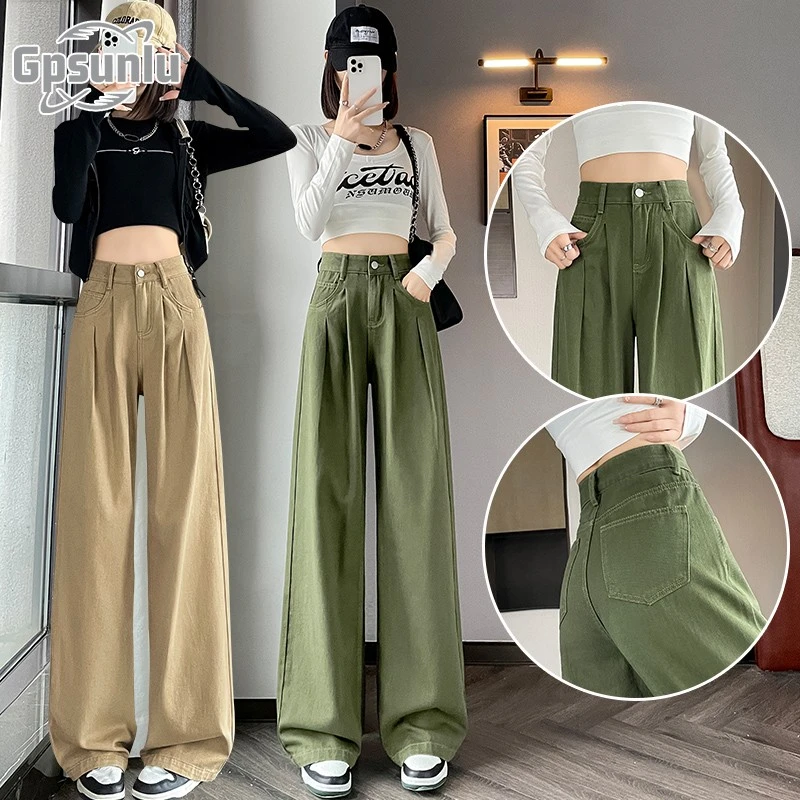 gpsunlu阔腿牛仔裤女夏款高腰宽松工装裤小个子白色牛仔阔腿裤