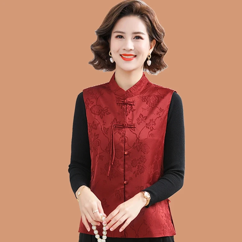 2025春季新款中国风马甲上衣中老年女装中式盘扣唐装坎肩红色背心