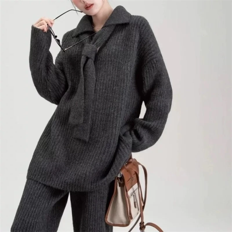 慵懒松弛感POLO领结毛衣阔腿裤套装时尚洋气减龄显瘦遮肉两件套