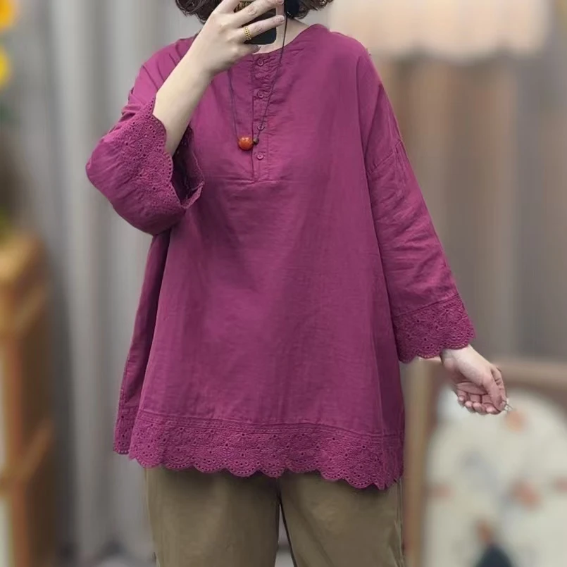 2430春季新款花边拼接七分袖衬衫休闲宽松显瘦复古文艺女200斤