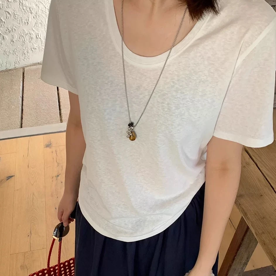 雪花麻U领ins修身T恤打底休闲宽松韩版白色夏季女士百搭短袖