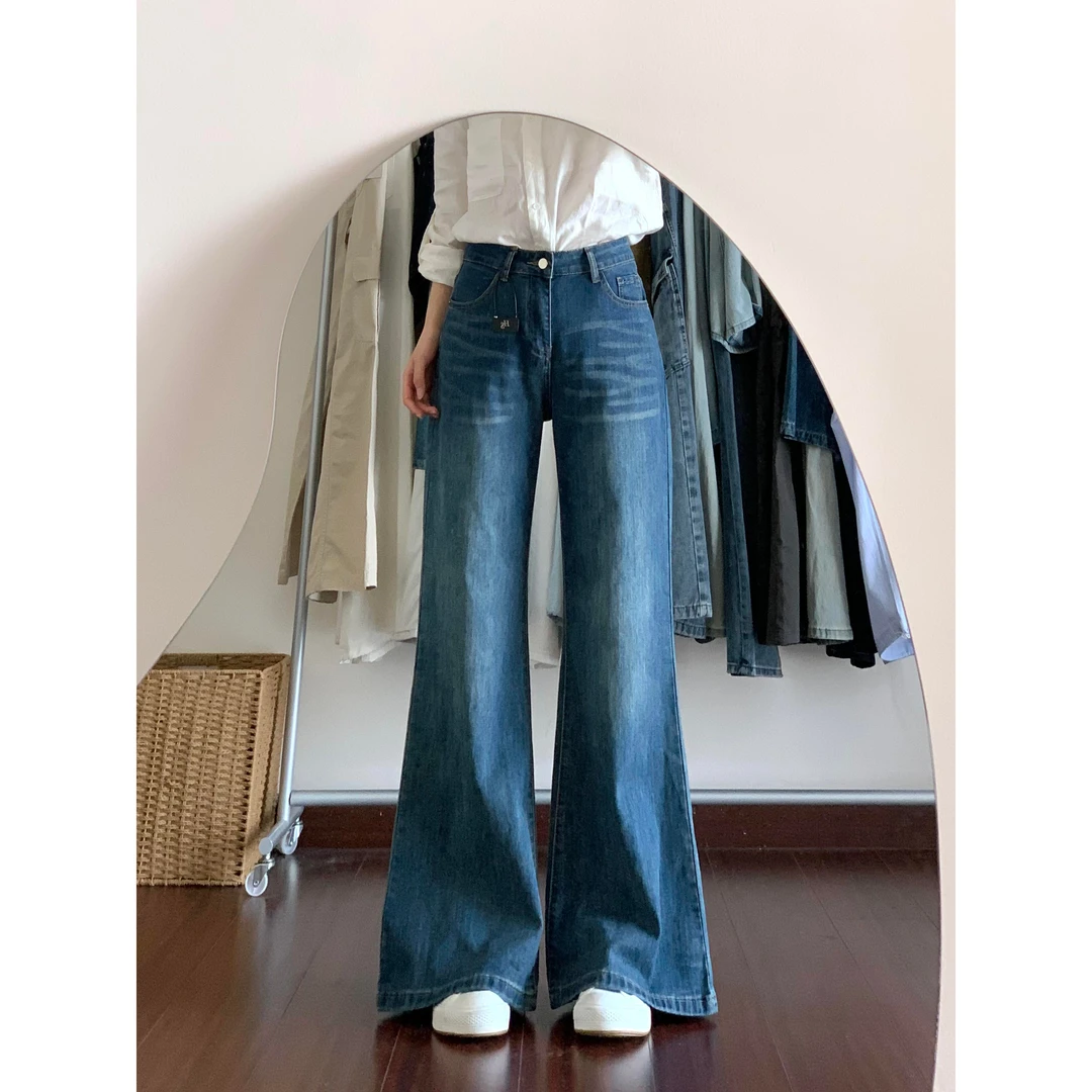 现货~小个子复古深色不贴腿宽松微喇牛仔裤女高腰显瘦阔腿喇叭裤