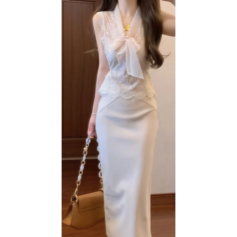 温柔姐姐风情万种纯欲蕾丝无袖蝴蝶结上衣&包臀半身裙套装9573