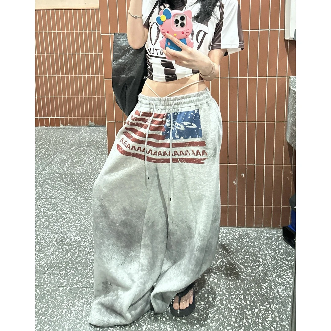 美式复古灰色印花抽绳阔腿卫裤男女街头跳舞裤子运动休闲宽松长裤