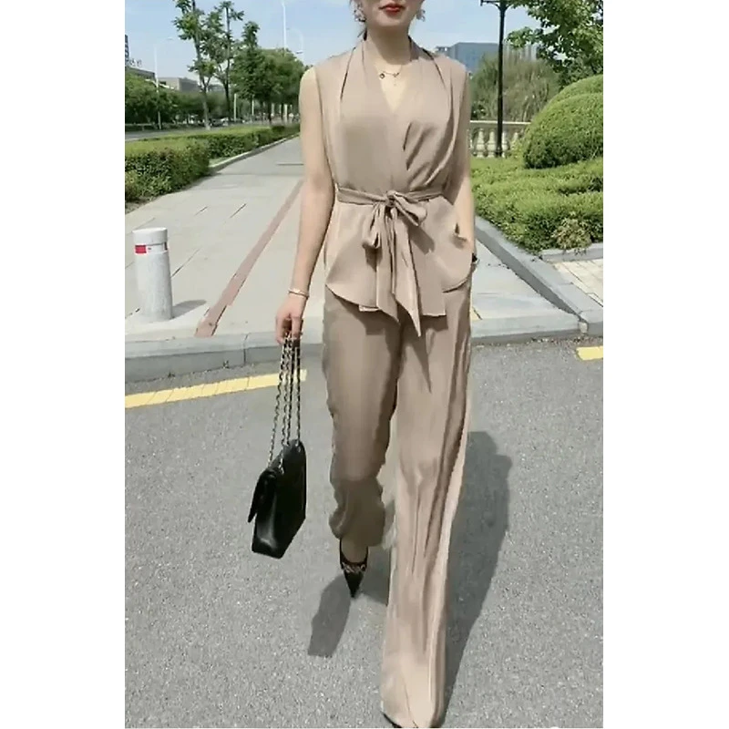 新款砍袖收腰显瘦系带上衣高腰阔腿裤套装MXSH230401 23- F24