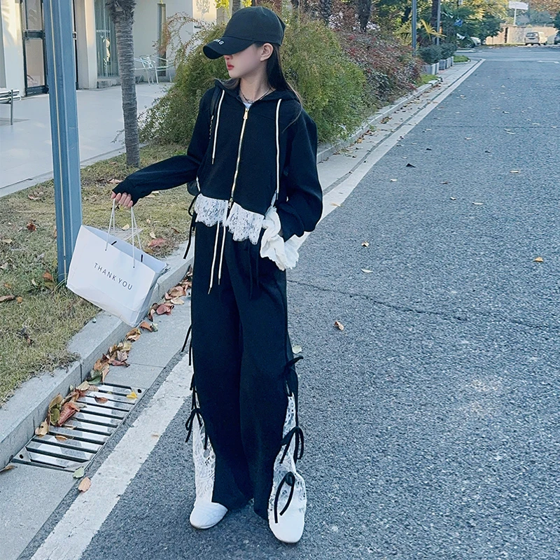 【毛妈潮牌】女童春秋季拼接蕾丝花边套装2025中大童连帽时髦两件套