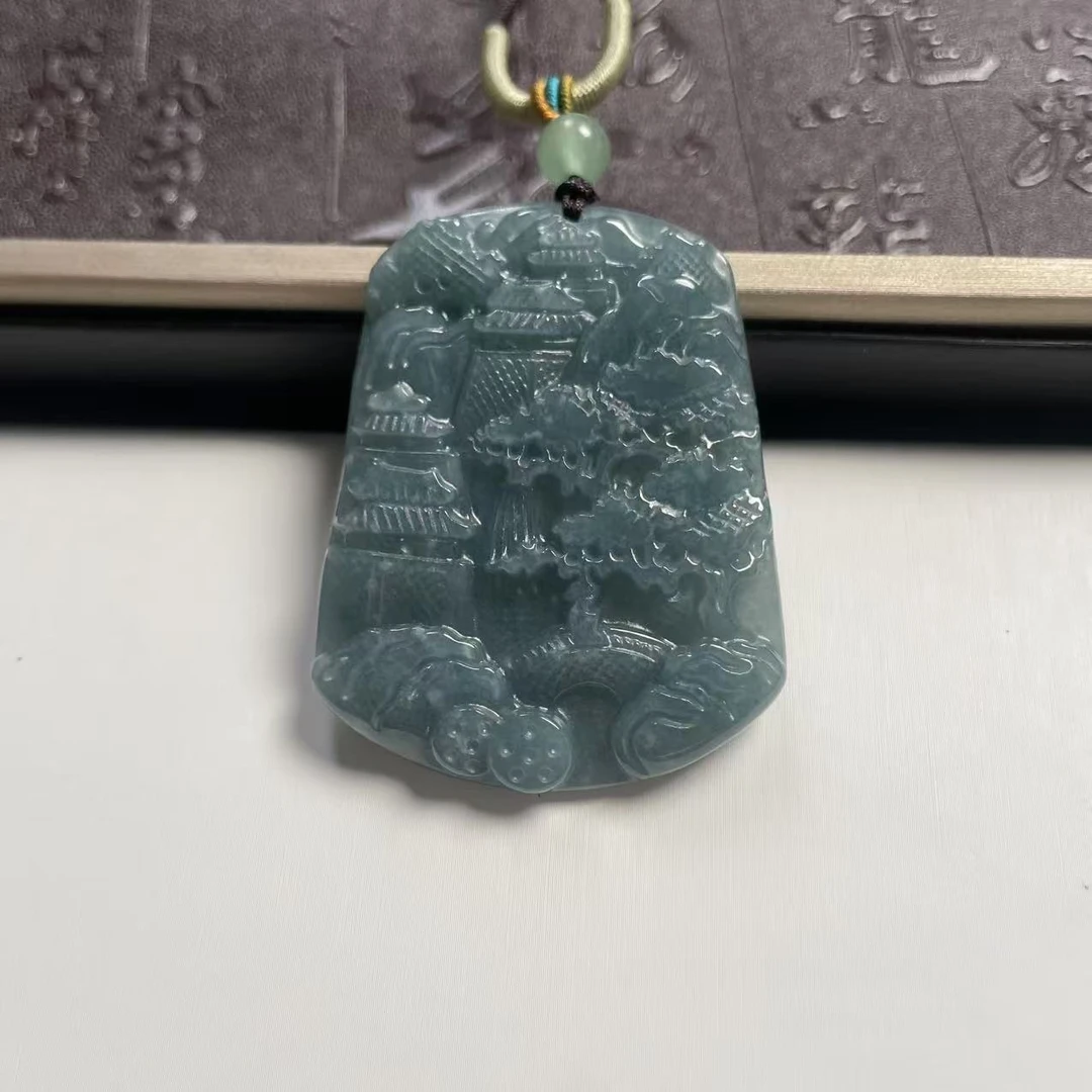 A货天然真品翡翠 冰蓝水精雕山水牌男女款时尚翡翠吊坠
