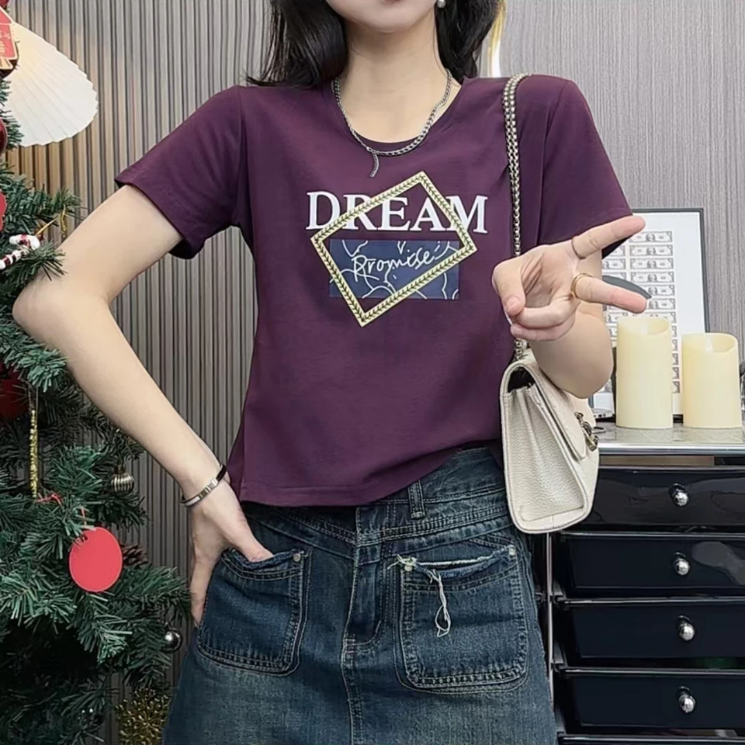 时尚夏季新款字母短袖t恤显瘦正肩圆领女设计感别致休闲百搭上衣
