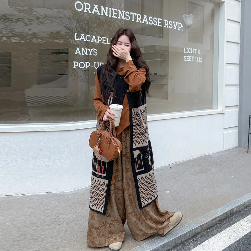 氛围感民族风马甲针织衫阔腿裤套装2025春秋新款复古美拉德三件套