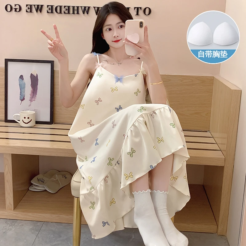带胸垫睡裙女夏天甜美性感纯棉薄款夏季公主风网红女士睡衣家居服