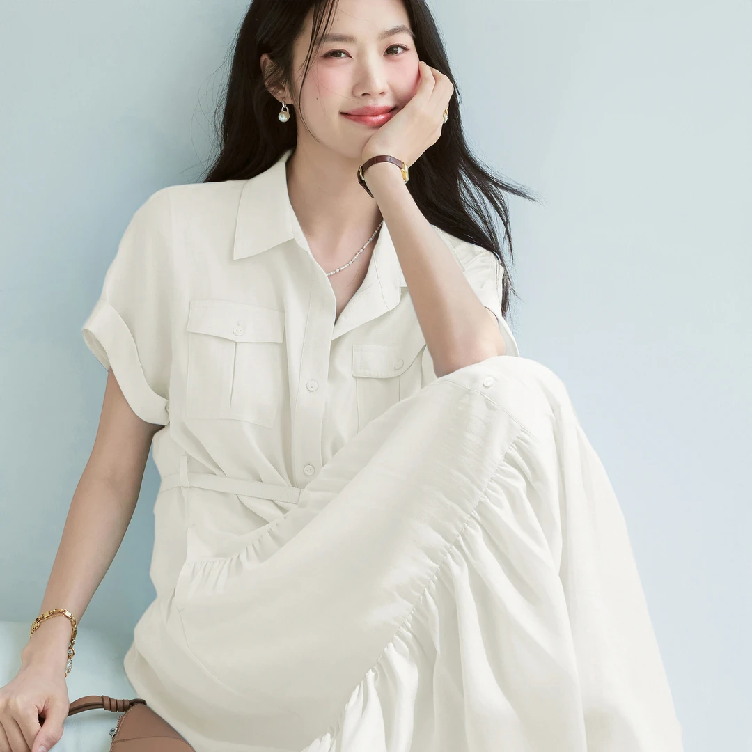 伊芙丽米白醋酸腰带收腰蛋糕A摆衬衫式连衣裙女2025夏1G5993351