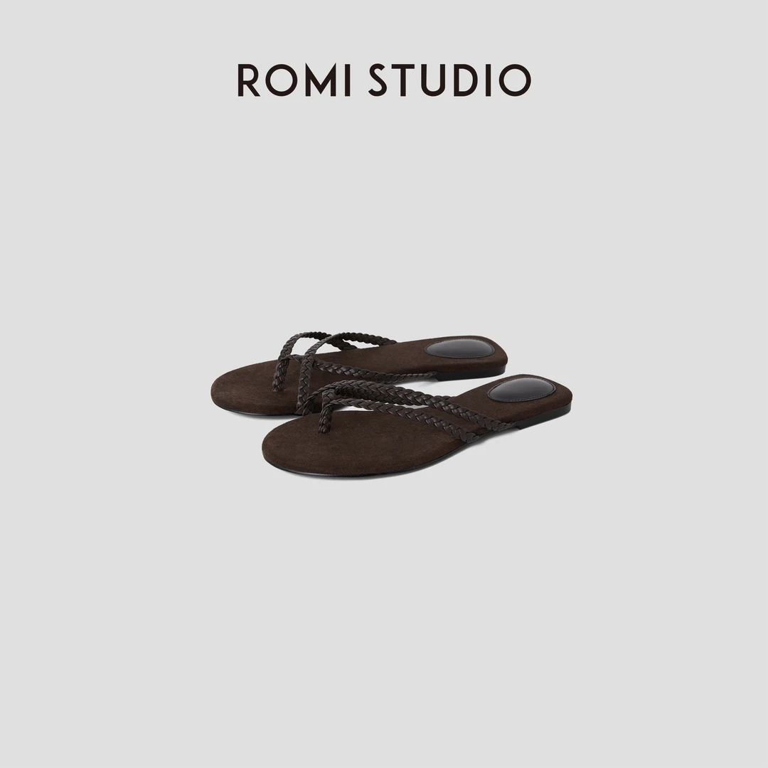 ROMI STUDIO“夏日松弛”羊皮革复古编织夹趾平底凉鞋 RWCRP33479